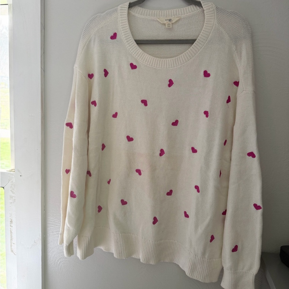 Terra & Sky Cream Crewneck Sweater with Pink Heart Accents